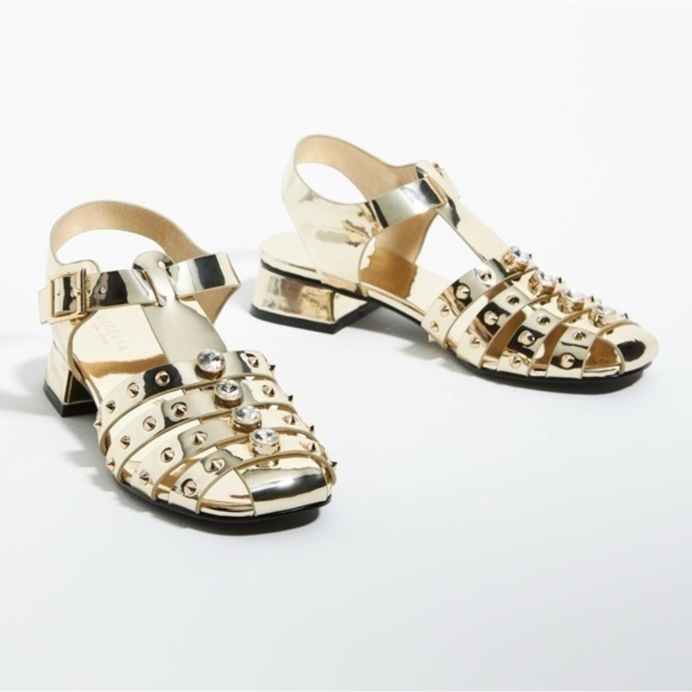 CECELIA NEW YORK Gold Studded T-Strap Low Heel Sandals